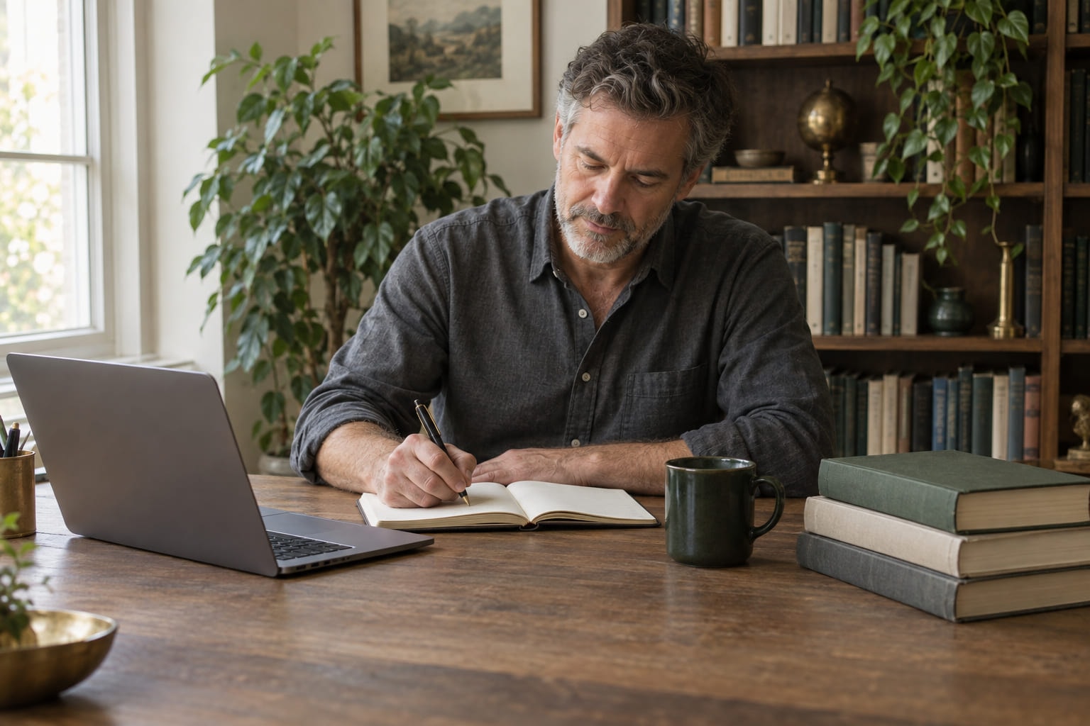 A man writing in a notebook at a desk in a study, an open laptop and a stack of reference books beside him.