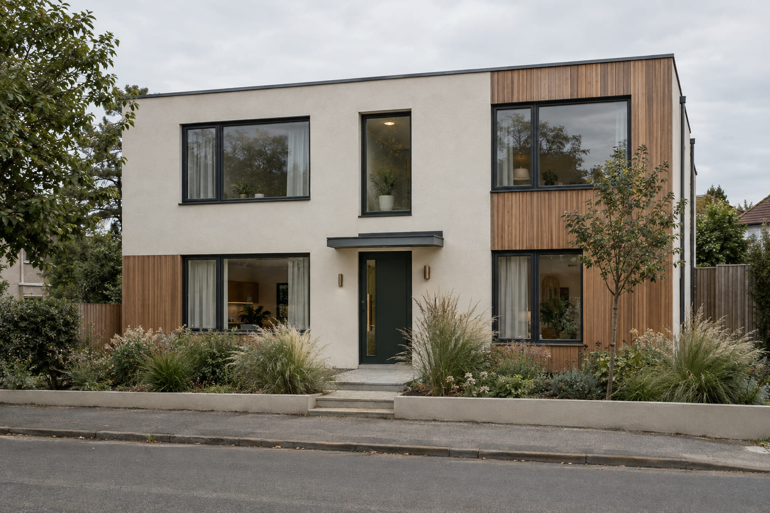 A modern two-storey rental building with pale render, dark windows and a small planted forecourt.