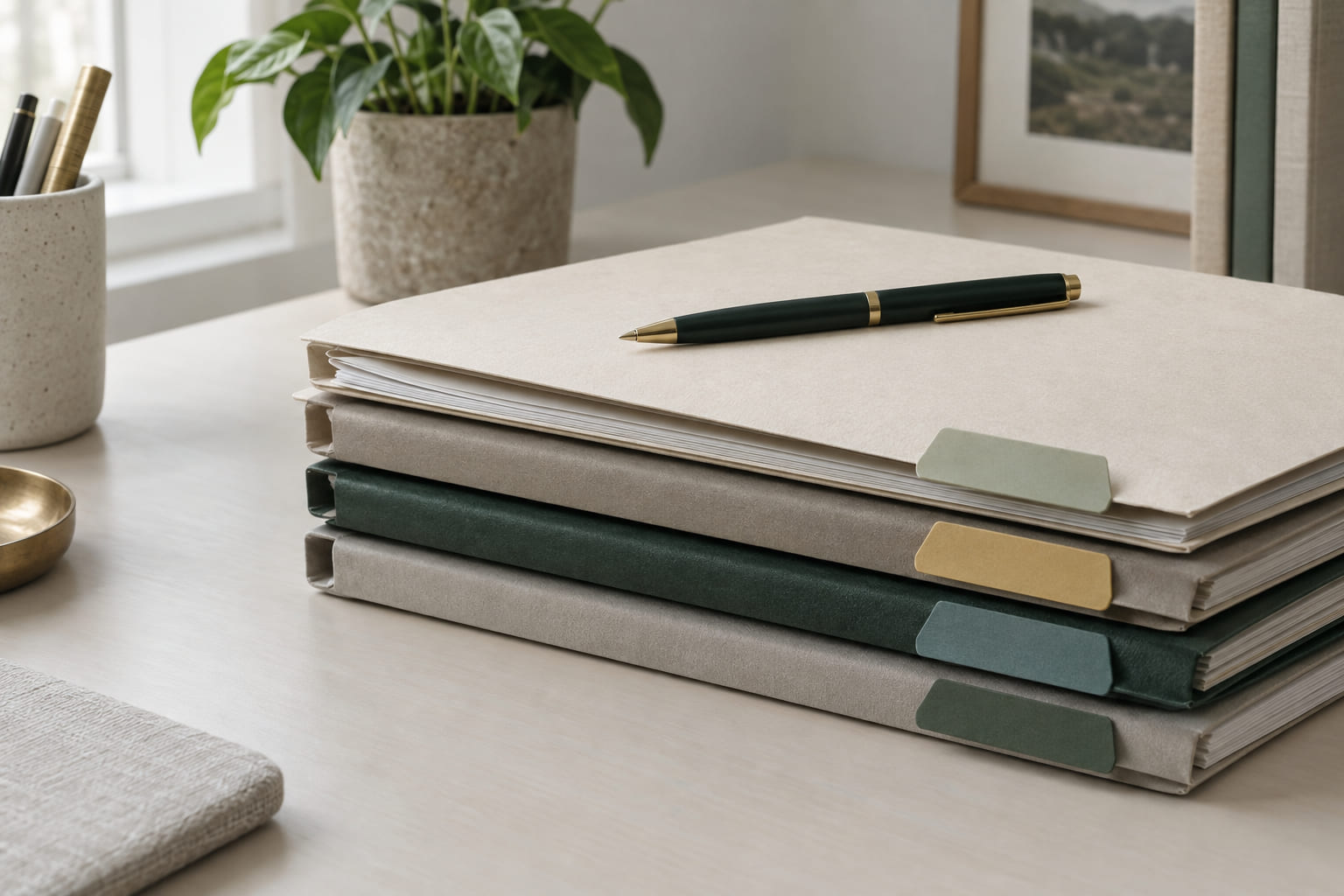 Neatly stacked document folders with coloured tabs on a desk.