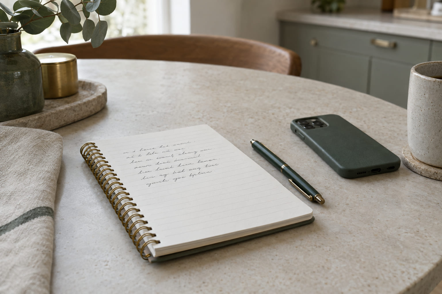 A notebook of handwritten questions beside a phone and a pen on a kitchen table.