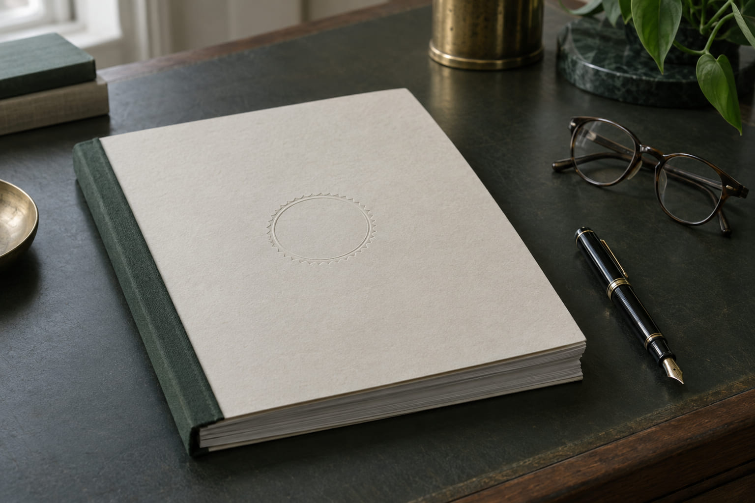 A bound entity document with an embossed seal resting on a desk beside a pen.