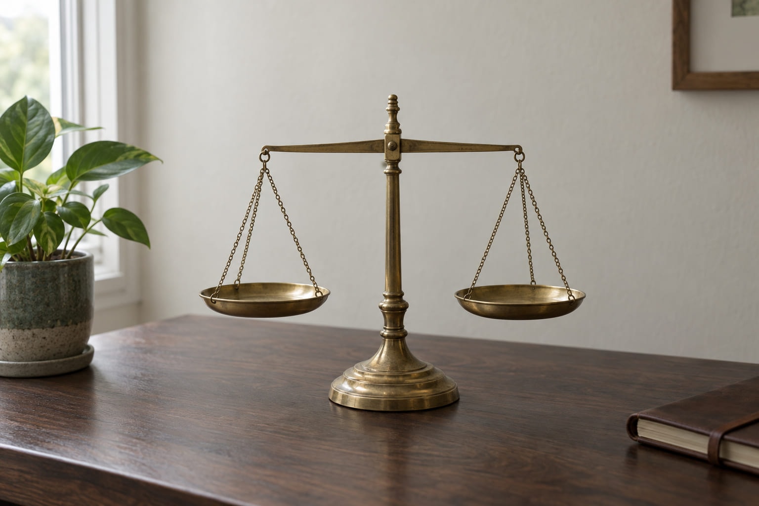 An antique brass balance scale standing level on a dark wooden desk beside a small potted plant.