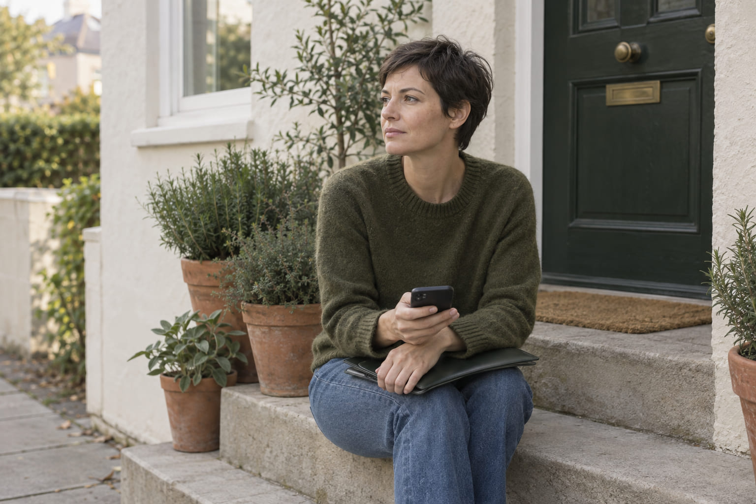 A woman sitting on the front steps of a pale stucco house with a folder on her lap and a phone in her hand.