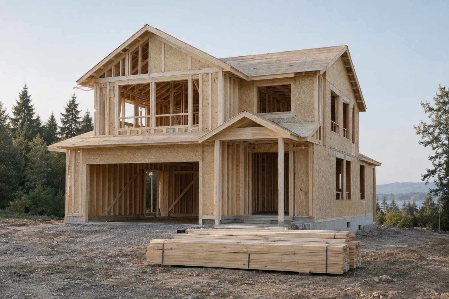 A two-storey house under construction with fresh timber framing against a clear morning sky.