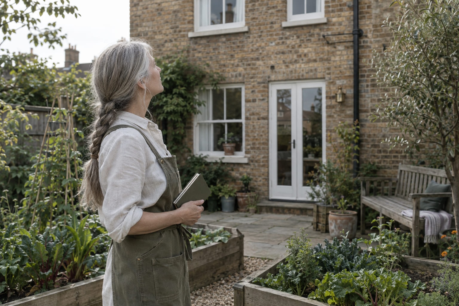 A woman with a long grey braid standing in the back garden of a small brick house, looking up at it with a notebook in hand.