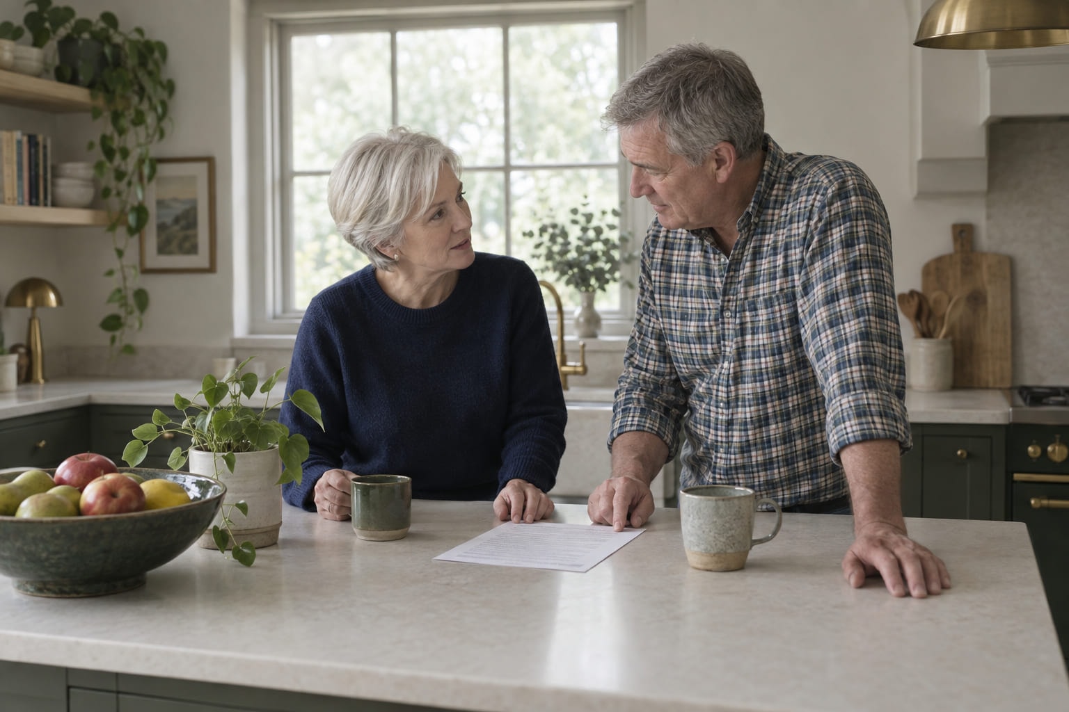 An older couple at a kitchen island talking over a single printed page between them.