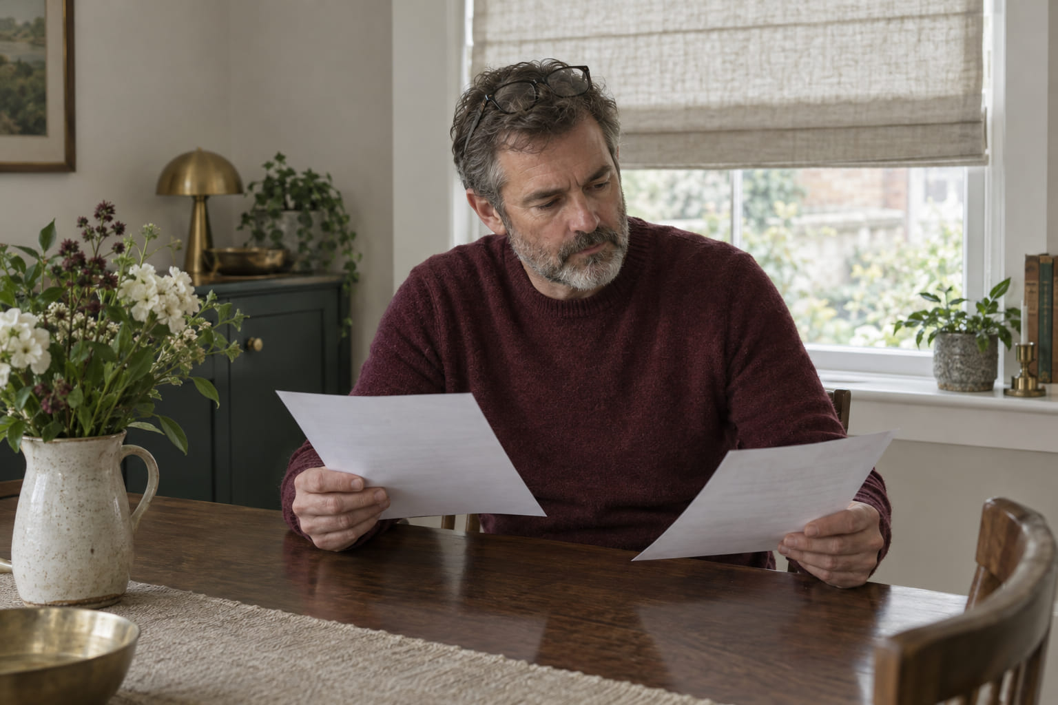 A bearded man at a dining table holding a printed page in each hand, comparing them.