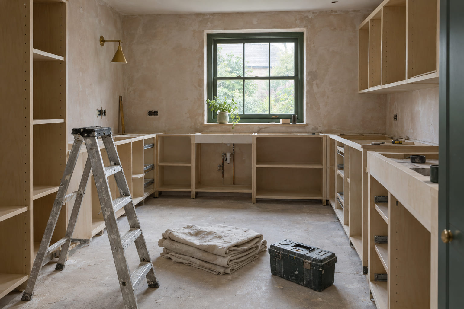 A kitchen part way through renovation, with bare plaster walls, new cabinets without doors and a stepladder.