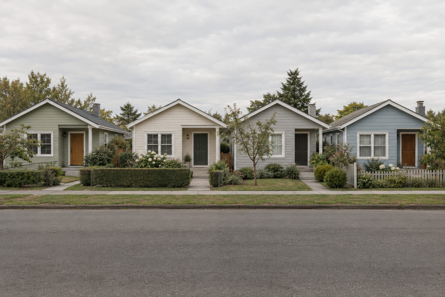 Four modest single-storey houses side by side on a quiet street, each painted a different pale colour.