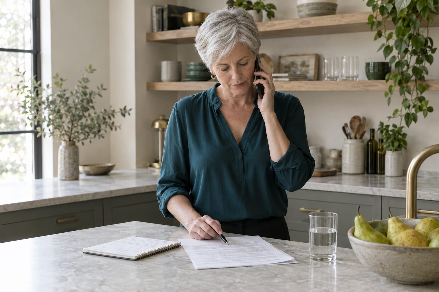 A woman on the phone at a sunlit kitchen counter, following a printed term sheet with a pen as she talks.
