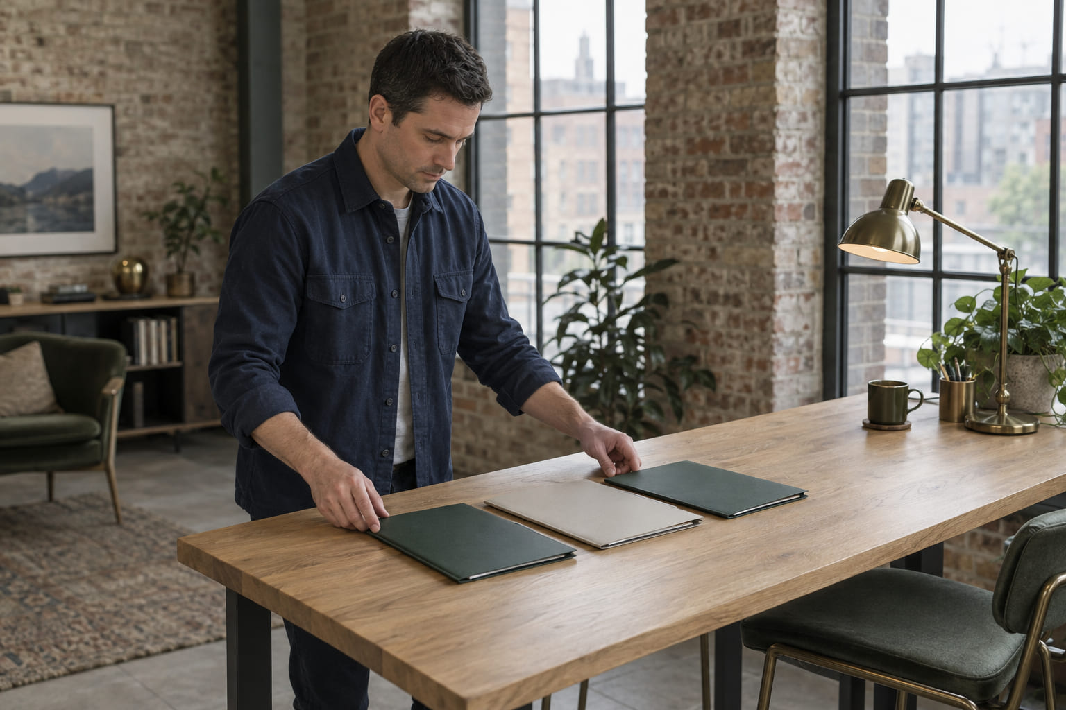 A man at a tall work table in a loft office with exposed brick, laying out three closed folders side by side.
