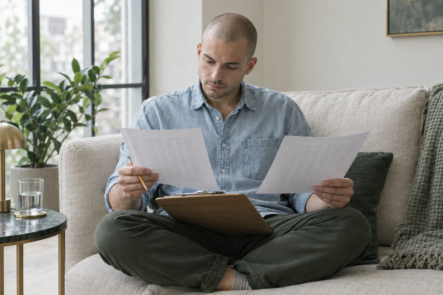 A young man sitting cross-legged on a linen sofa with a clipboard on his knee, comparing two printed pages.
