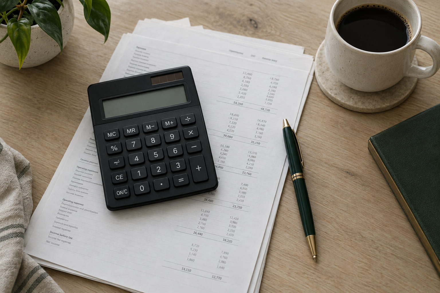 A desktop calculator resting on printed bank statements next to a pen and a cup of coffee.