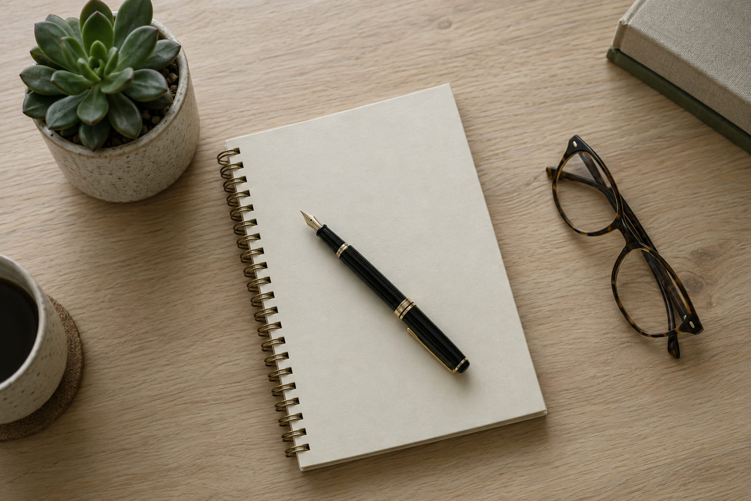 A closed spiral notebook and a fountain pen resting on a pale desk beside a small plant.