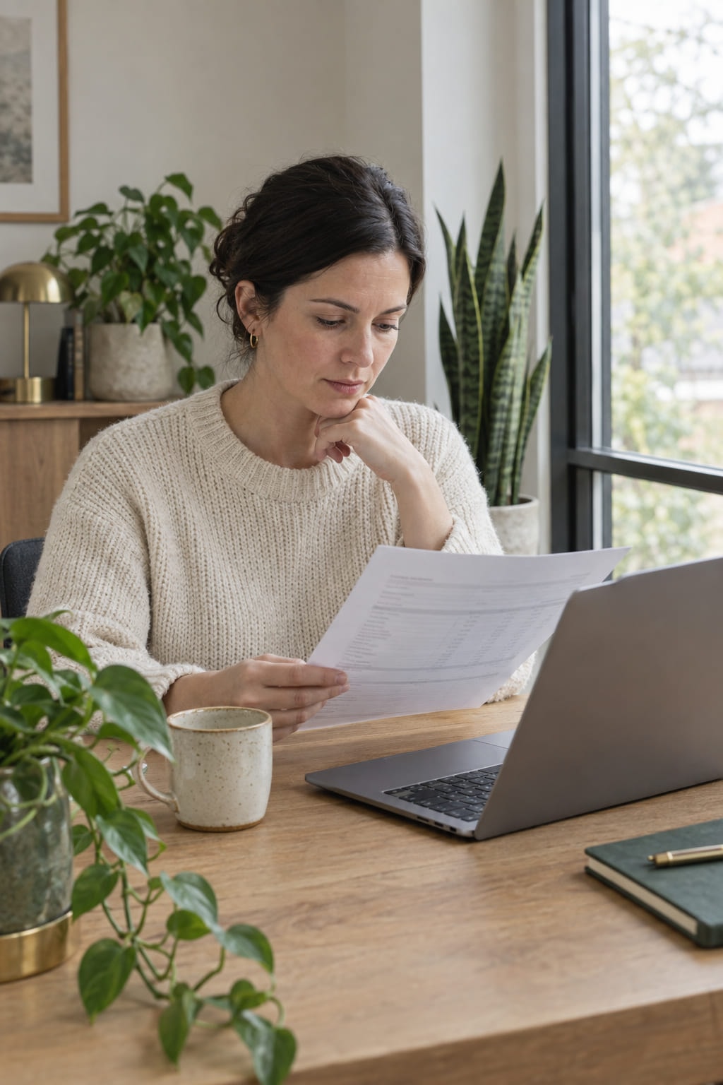 A woman reading a printed statement at a home desk beside an open laptop.