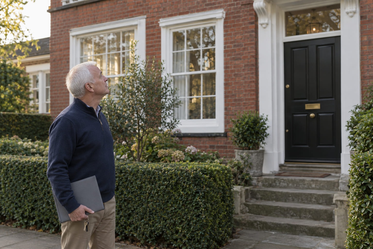 A man with close-cropped white hair standing at the foot of the front steps of a red-brick house early in the morning, a slim folder and a set of keys in one hand, looking up at the black front door.