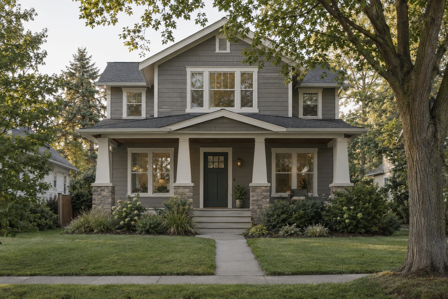 A two-storey grey craftsman rental house with white trim, a covered porch and mature trees, photographed from the street in the late afternoon.