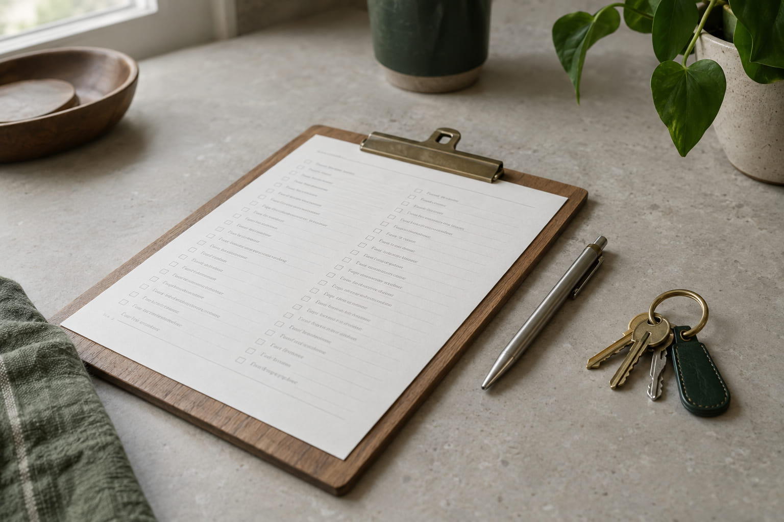 A printed requirements sheet on a clipboard beside a pen and a set of house keys.