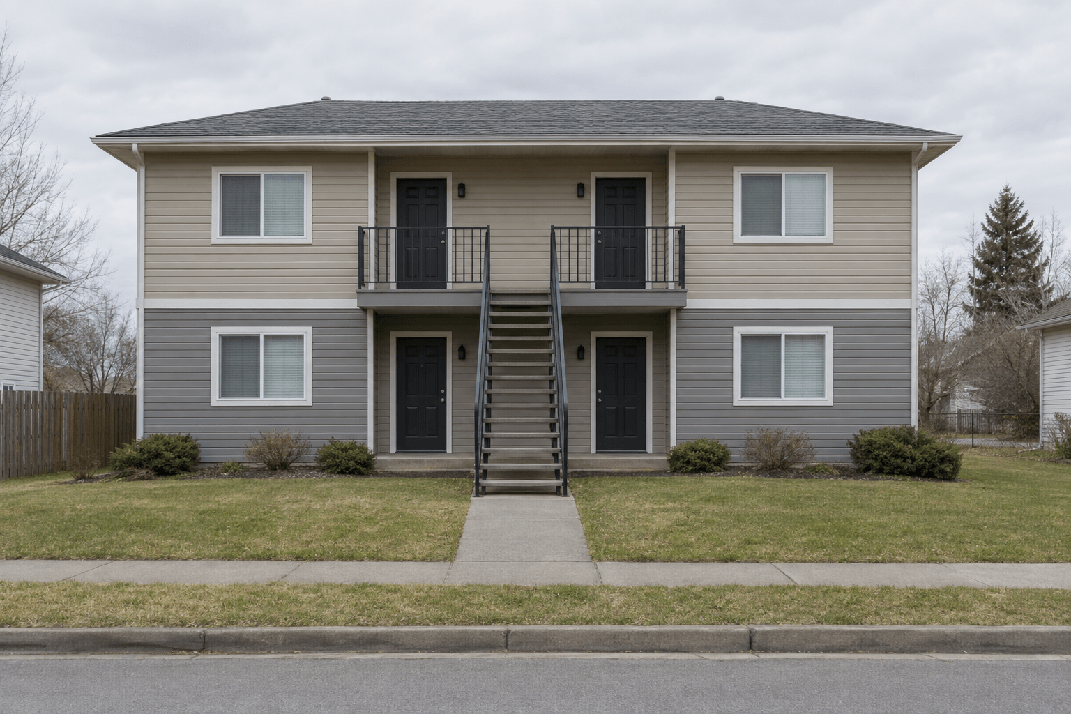 A two-storey four-unit rental building with an exterior stair and four dark entry doors.