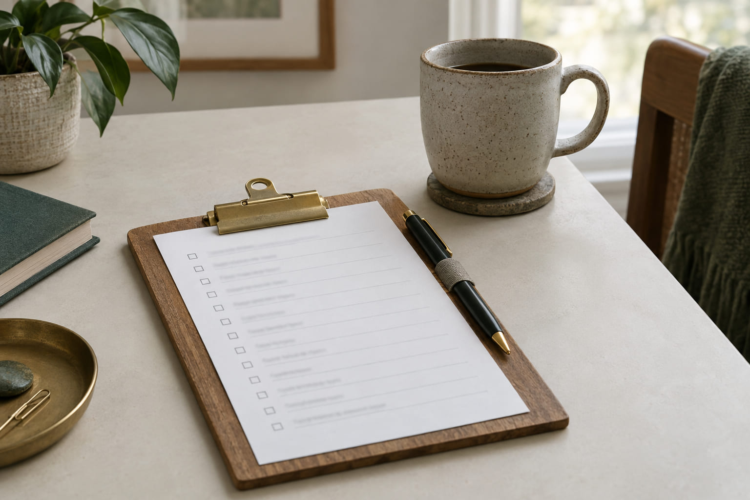 A printed checklist on a clipboard with a pen, resting on a table beside a mug.