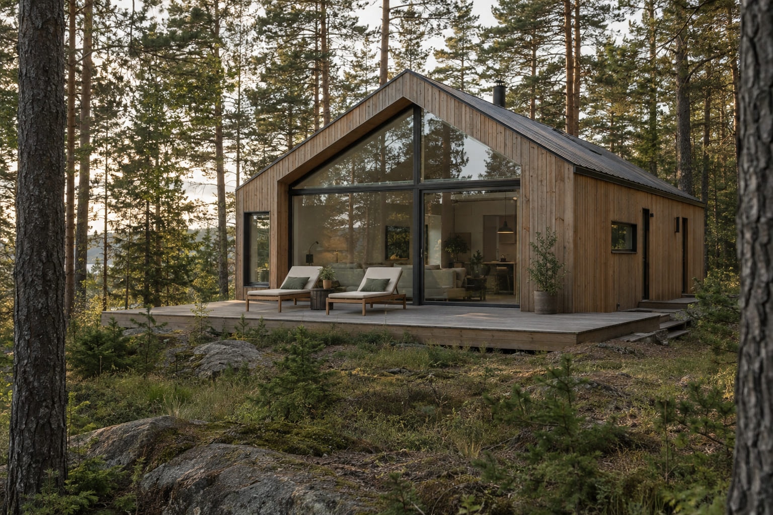 A small cedar-clad cabin with a wooden deck among pine trees in late-afternoon light.
