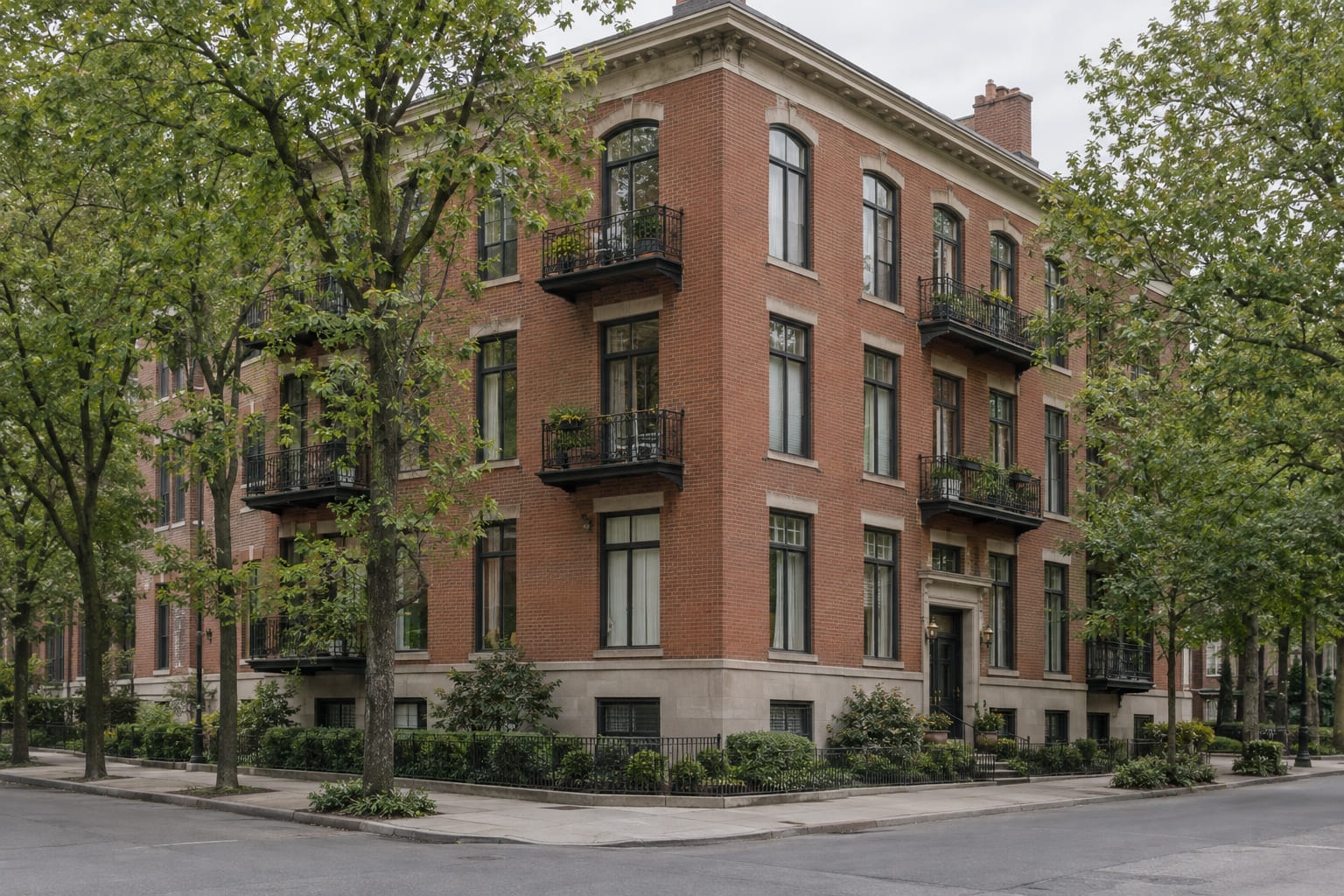 A four-storey red-brick apartment building with black iron balconies on a tree-lined street corner.