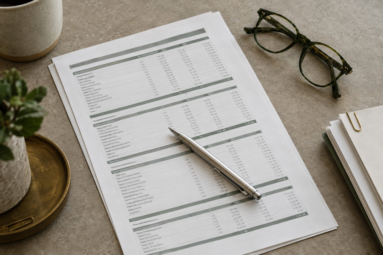 A printed settlement statement on a desk with a pen and a pair of reading glasses.
