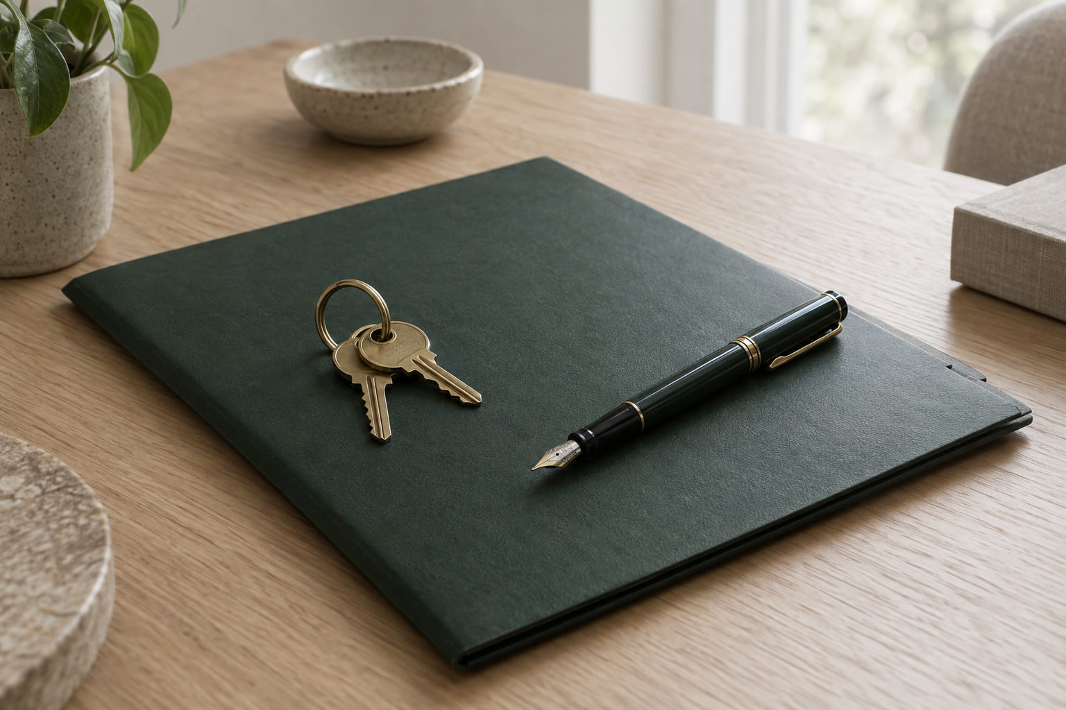 A set of house keys on a brass ring lying on a closed folder beside a pen.