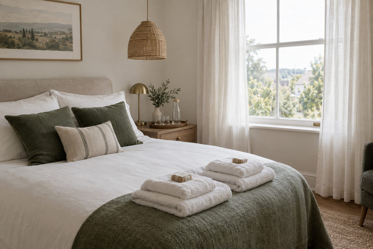 A bright guest bedroom made up for visitors, with folded towels at the foot of the bed and a small tray on the side table.