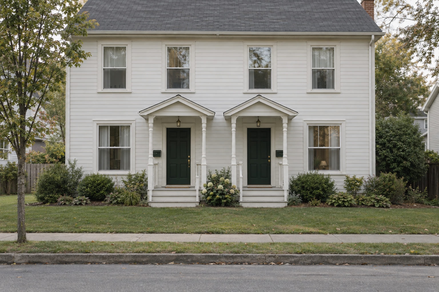 A two-storey white clapboard duplex with two front doors side by side and matching porches.
