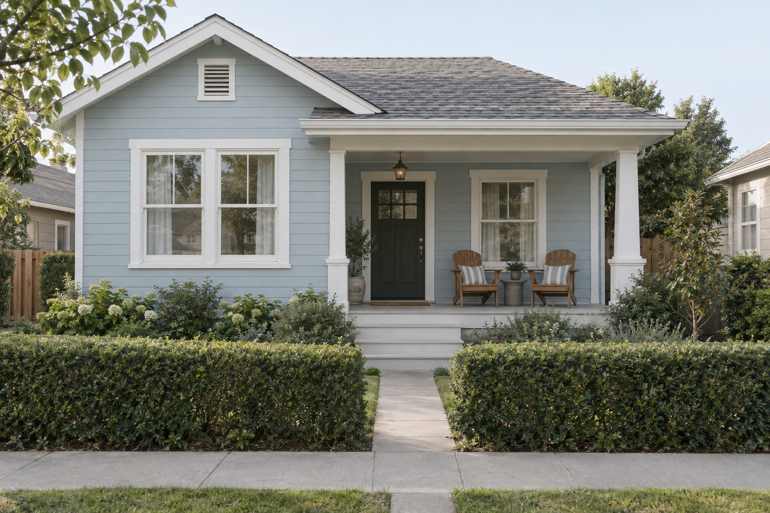 A pale-blue single-storey bungalow with a small front porch and a low hedge, seen from the street on a clear morning.