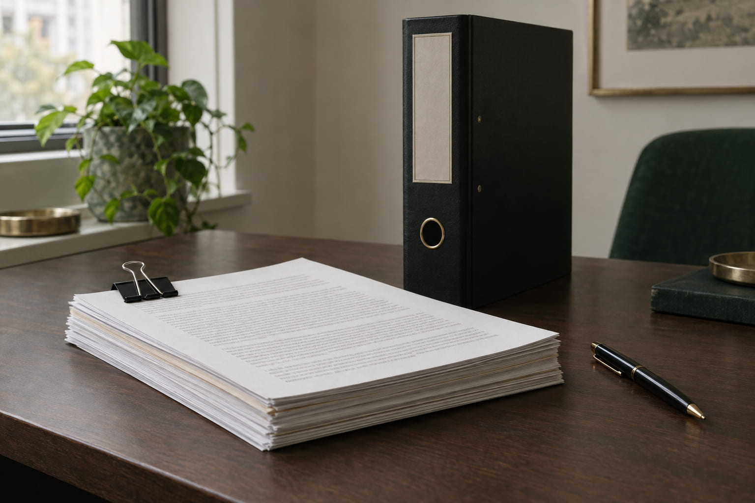 A stack of bound entity documents beside a black ring binder and a pen on a desk.