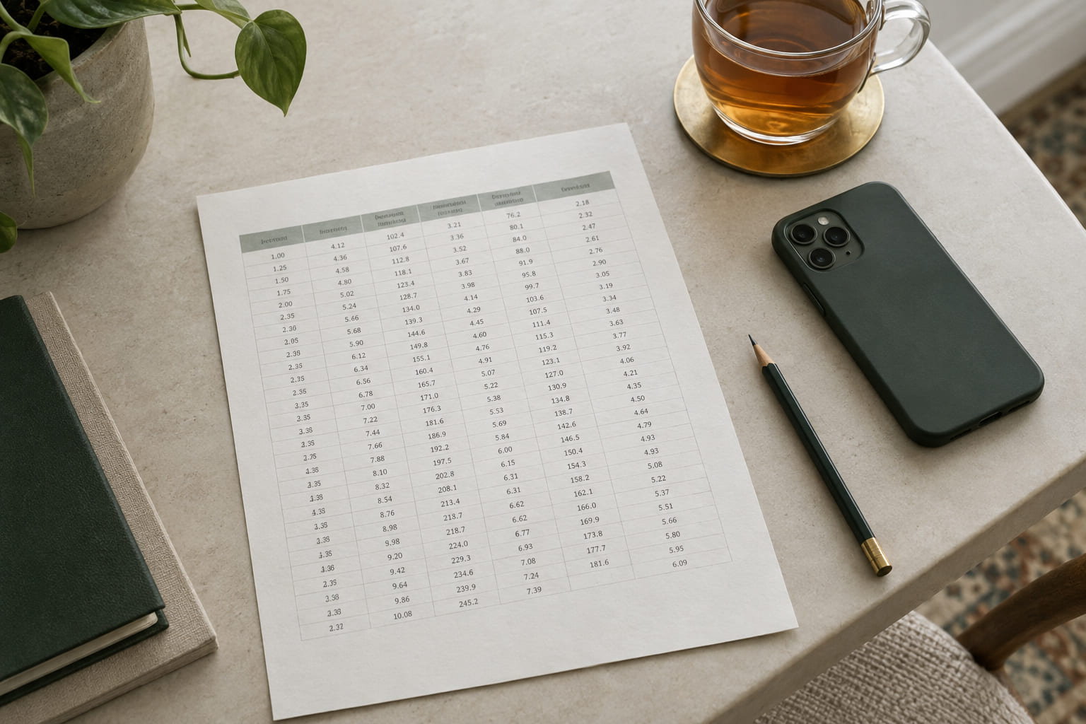 A printed rate sheet on a desk beside a phone face down and a cup of tea.