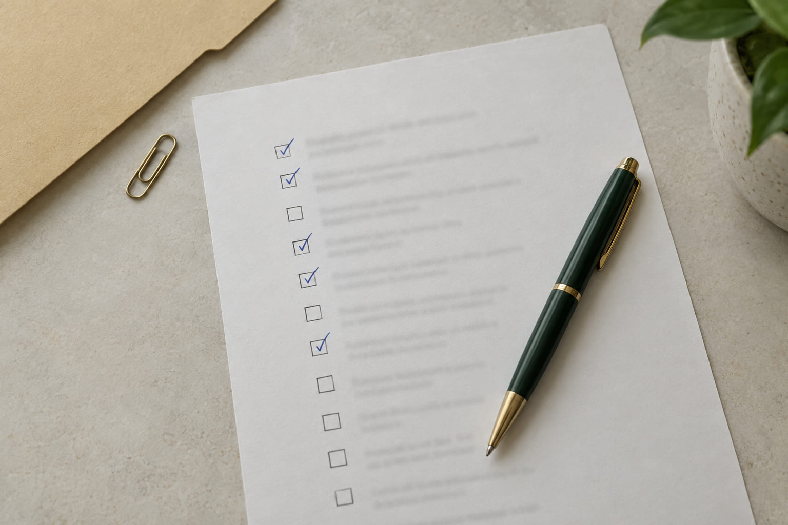 A printed document checklist on a desk with several boxes ticked in pen.