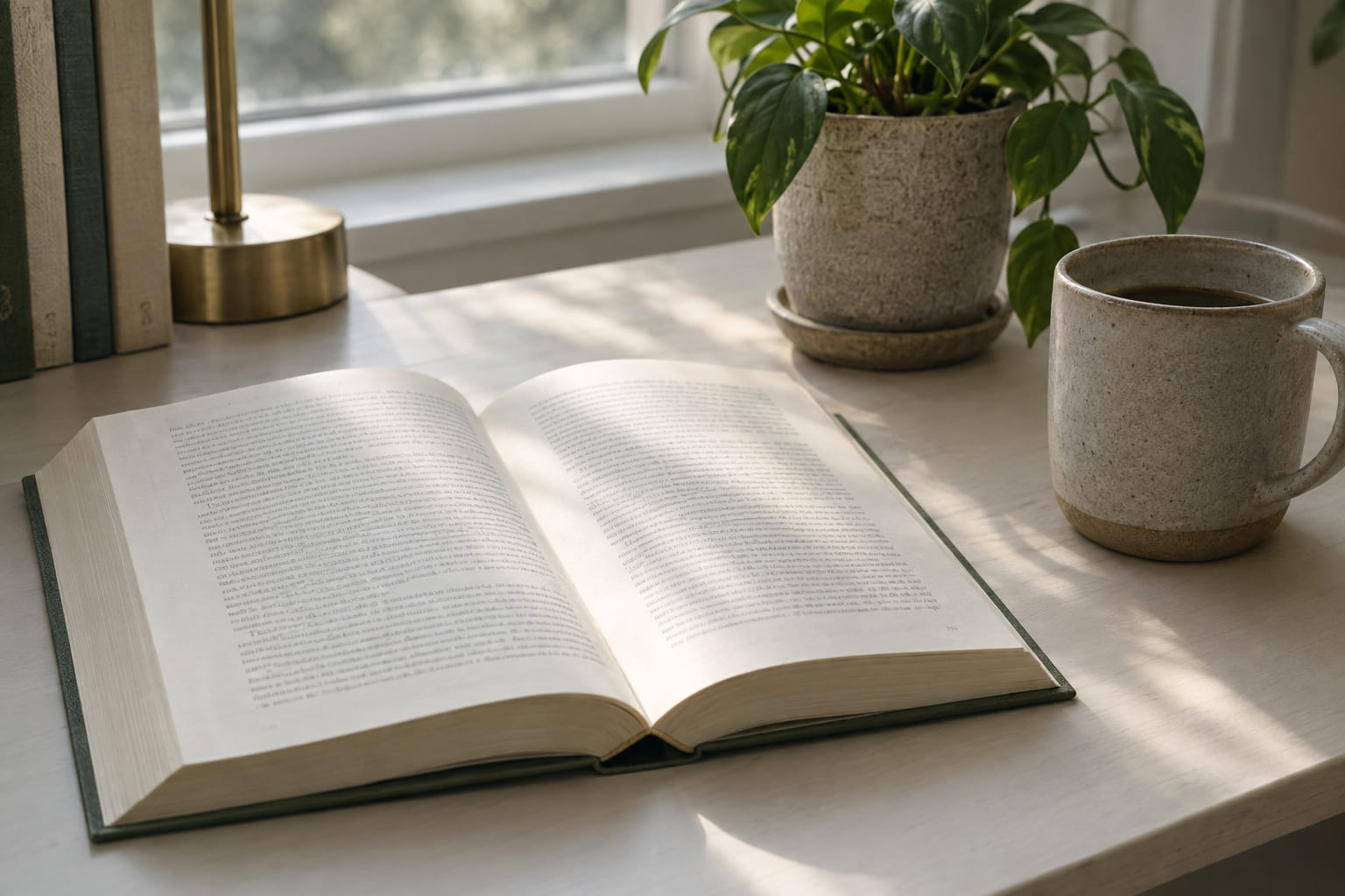 An open book lying face up on a desk beside a mug and a small plant.