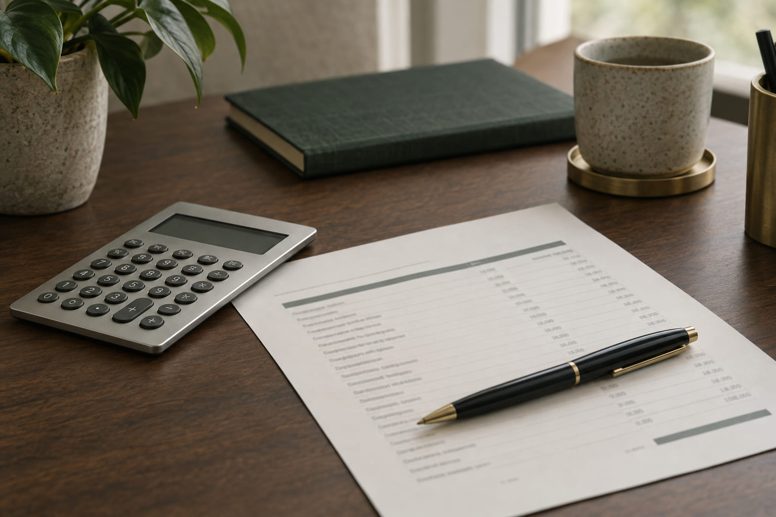 A calculator, a pen and a printed fee schedule arranged on a dark desk.