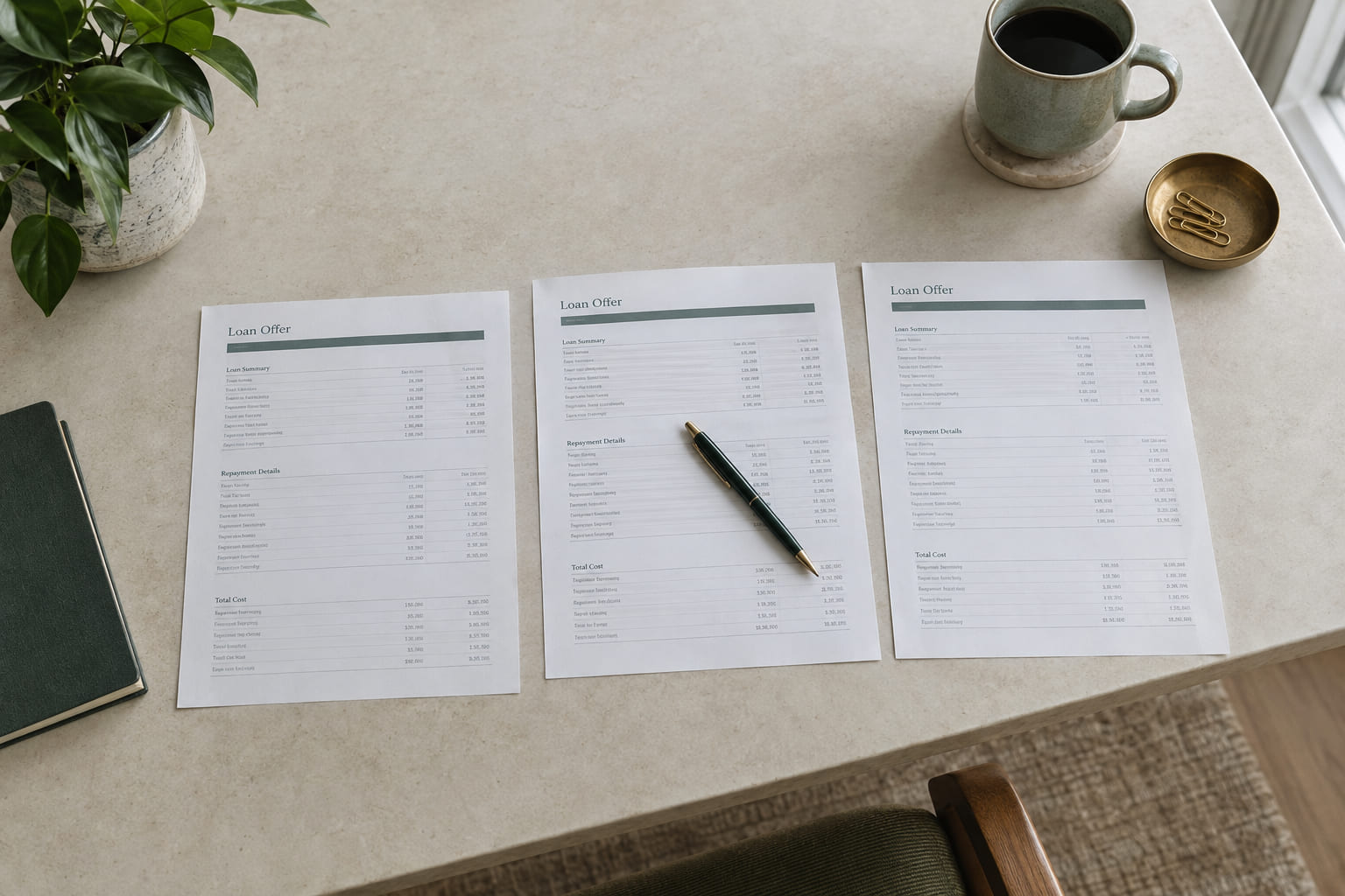 Three printed loan offers laid side by side on a table for comparison.