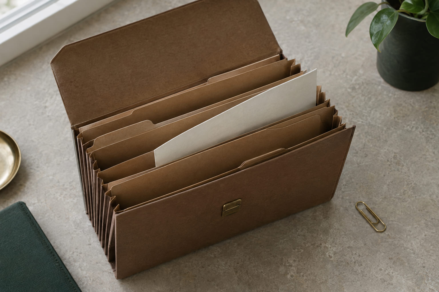 An open accordion file with plain tabbed pockets on a desk, one document half drawn out.