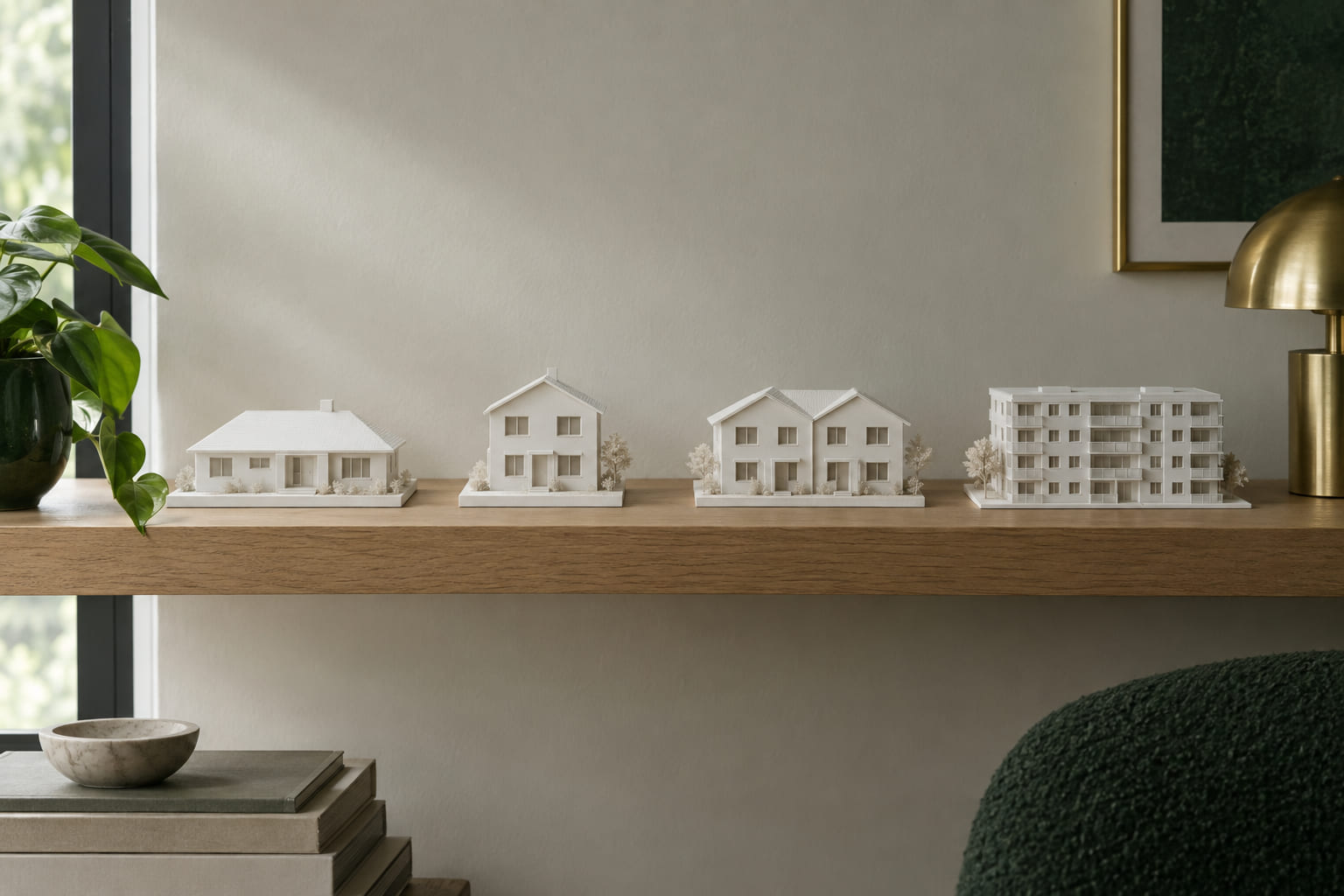 A row of small white architectural models of houses and a low apartment block on a long wooden shelf.