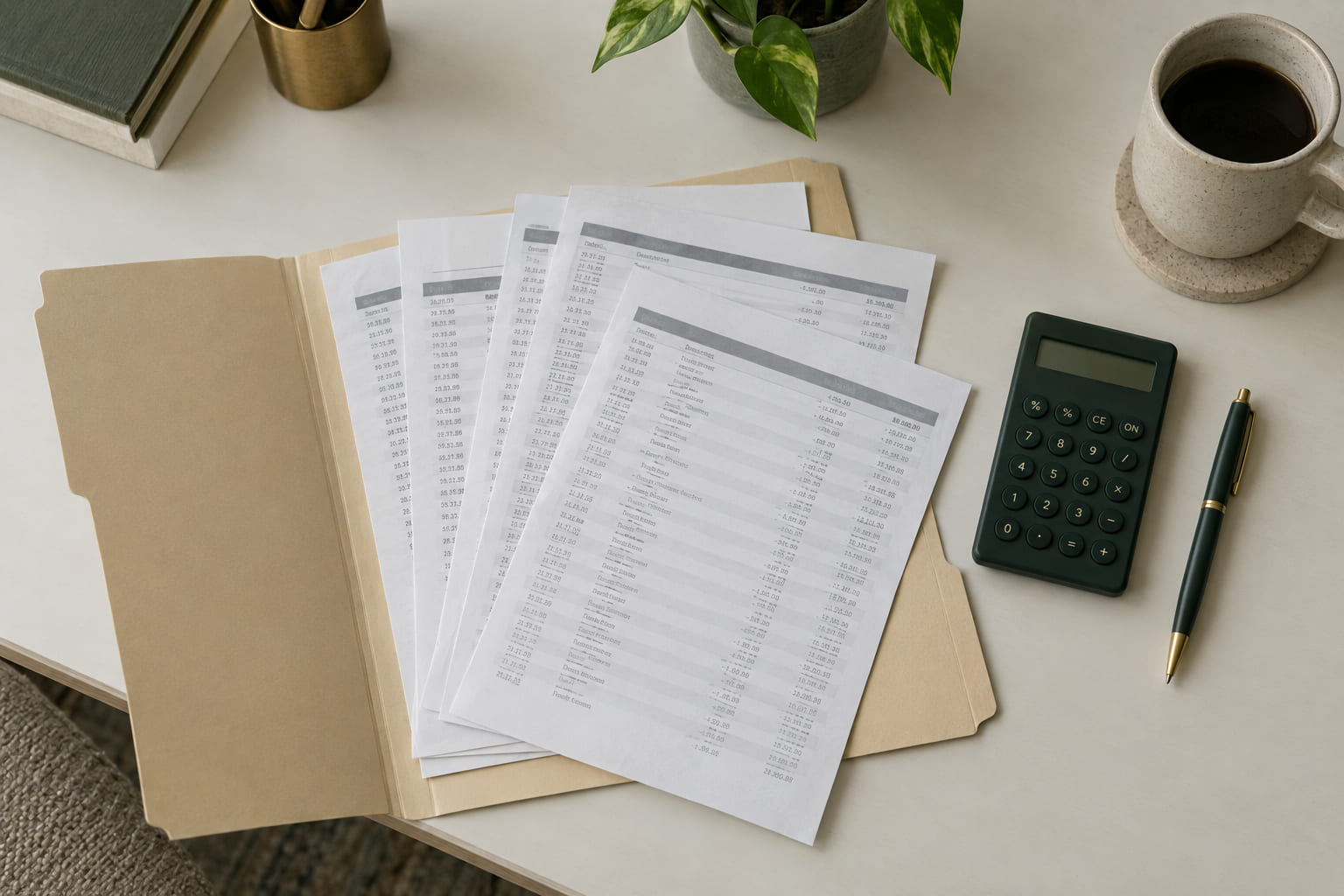 A folder of printed statements fanned open on a desk beside a calculator.