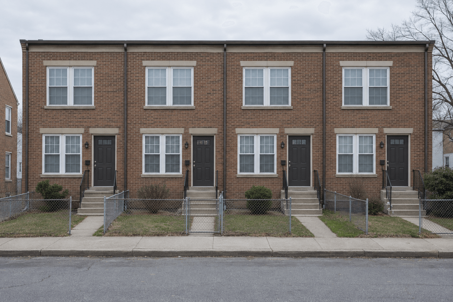 A row of four attached brick rental townhouses with small concrete stoops.