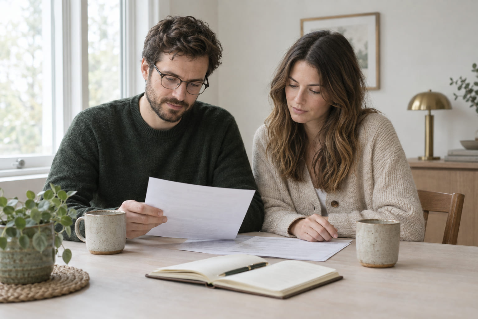A couple sitting together at a dining table reading through printed documents, mugs and a notebook in front of them.