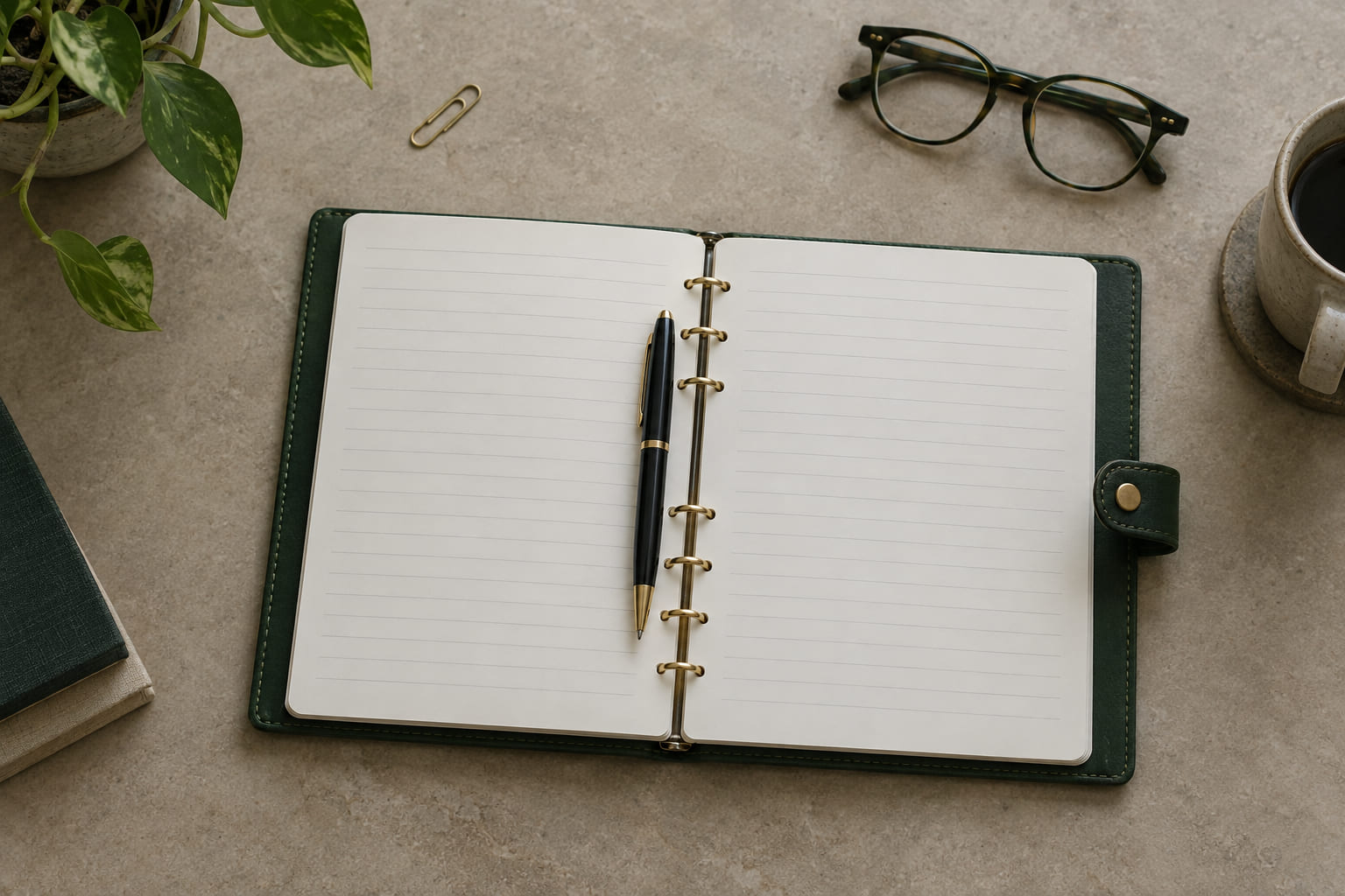 An open ring-bound workbook with ruled pages and a pen resting in the gutter.