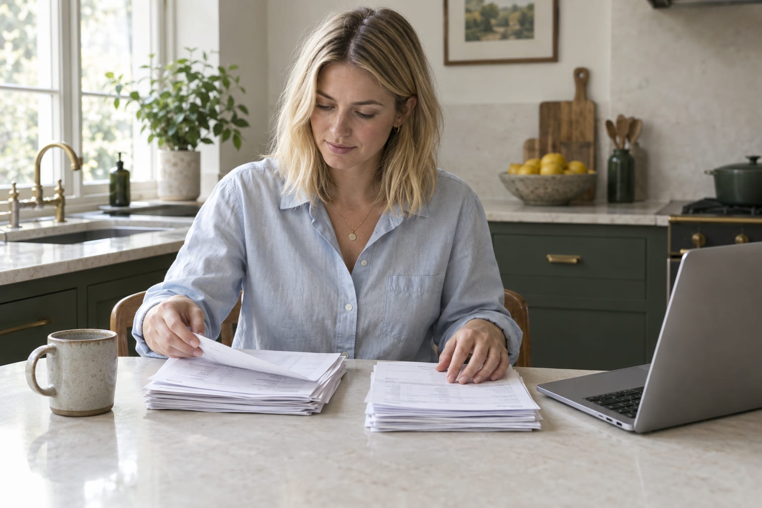 A woman at a kitchen table sorting printed bank statements into piles beside a laptop and a mug.