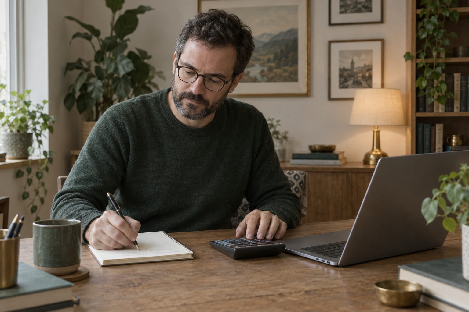 A man in glasses working at a desk, writing on a pad while using a calculator beside an open laptop.