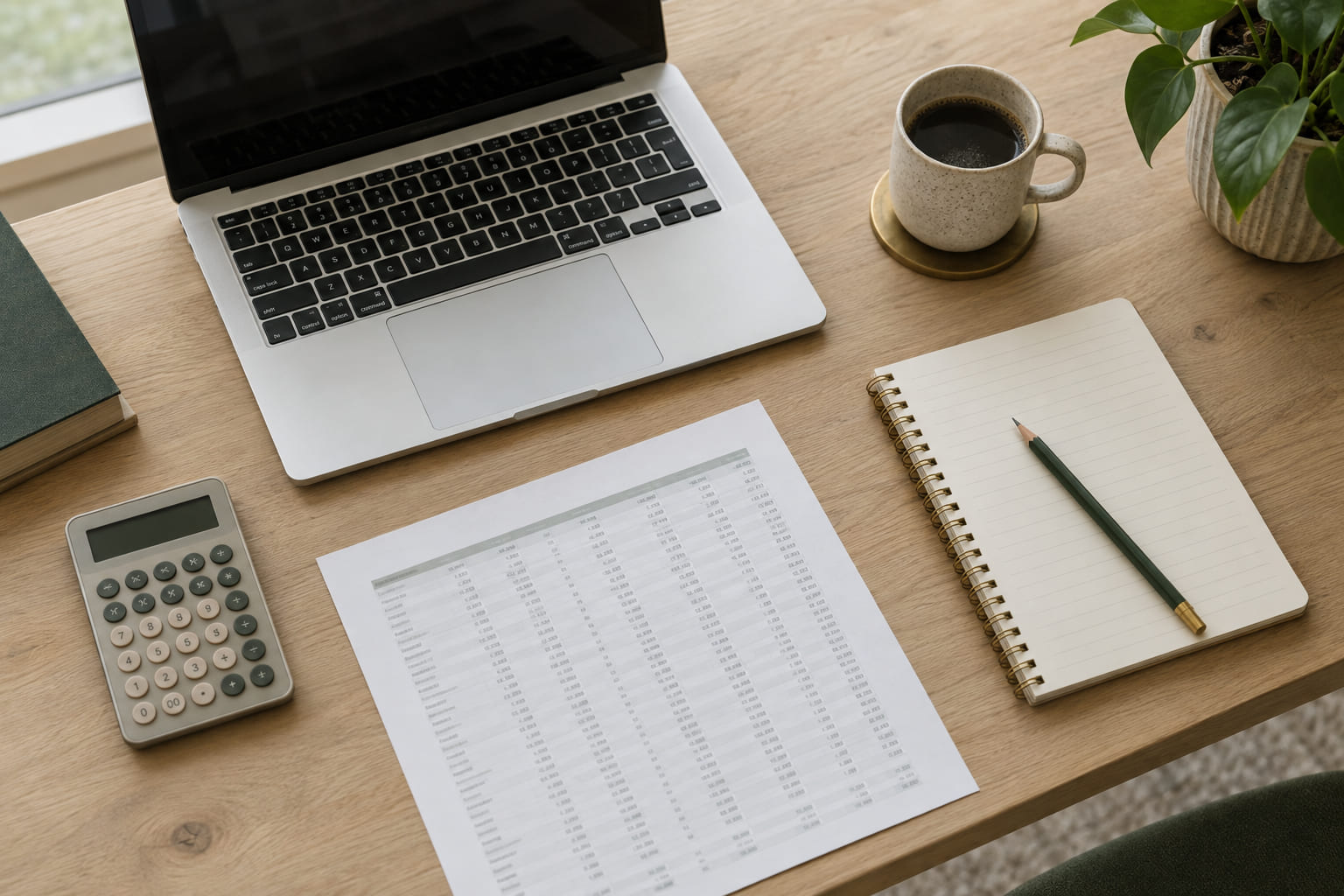 A laptop, a calculator and a printed spreadsheet arranged on a desk beside a notebook.