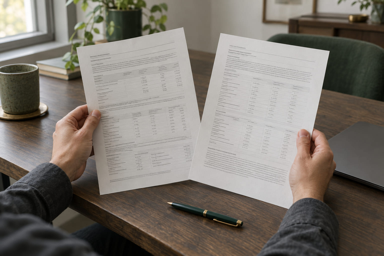 Two printed term sheets held side by side above a desk, compared page against page.